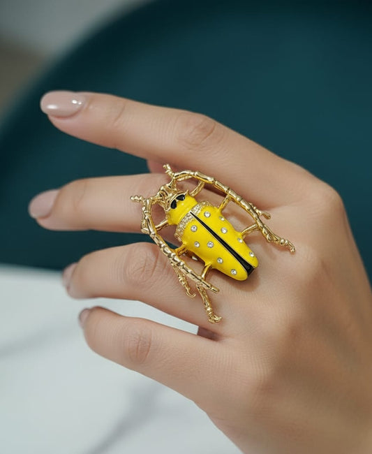Zyvra Yellow Beetle Ring – Adjustable Anti-Tarnish Gold Statement Ring for Women