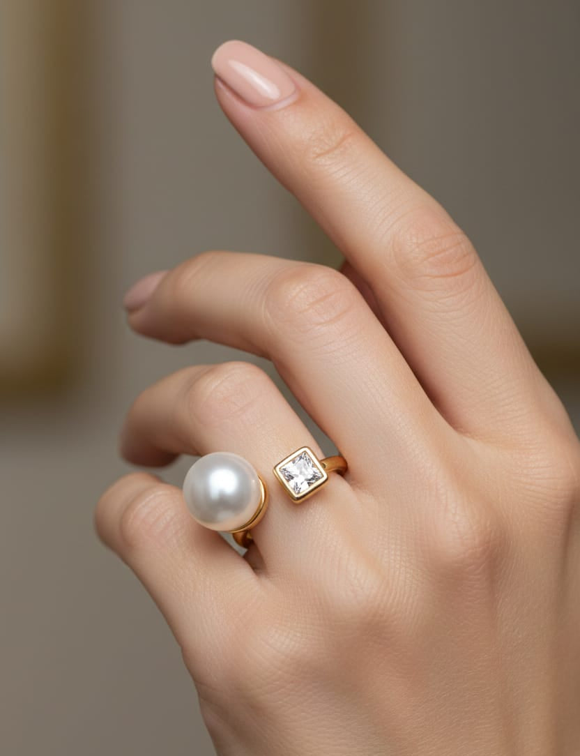 Hand wearing a ring with a pearl and diamond on a neutral background