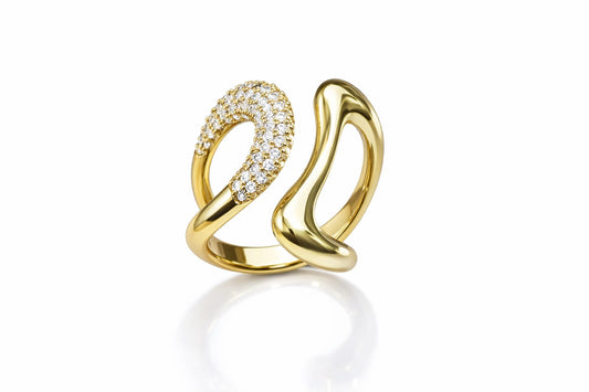 Dual Wave Adjustable Gold Ring – Anti Tarnish Crystal Statement Open Ring for Women