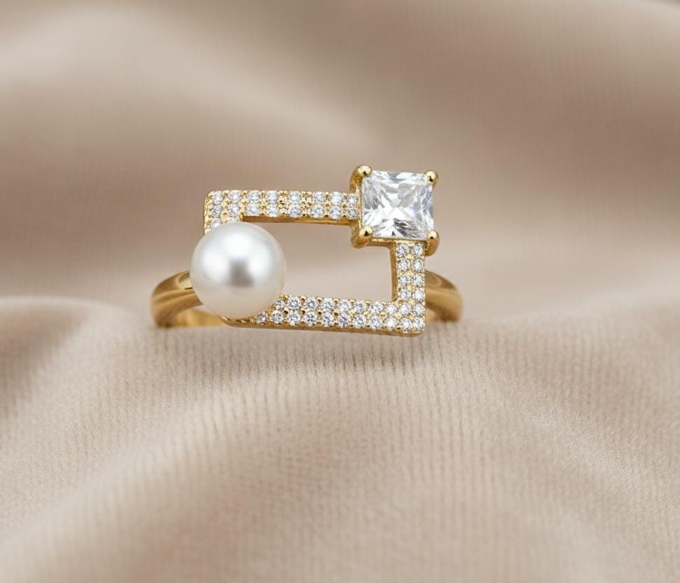 Geometric Pearl & Princess Cut Crystal Adjustable Ring – Anti Tarnish Gold Plated Statement Ring for Women
