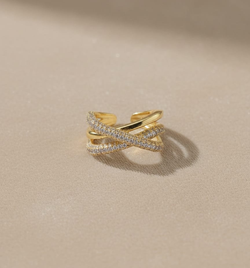 Criss Cross Adjustable Gold Ring – Anti Tarnish Crystal Studded Open Statement Ring for Women