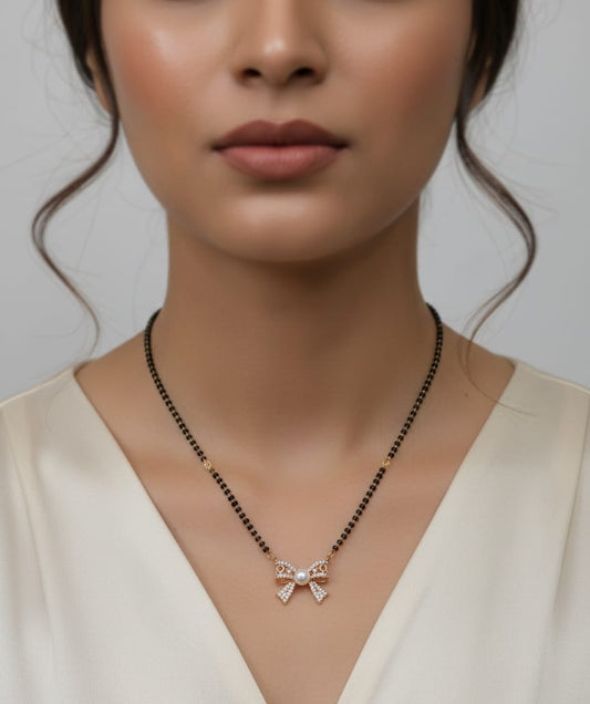 Gold Plated CZ Bow Pearl Mangal Sutra with Black Beads Chain