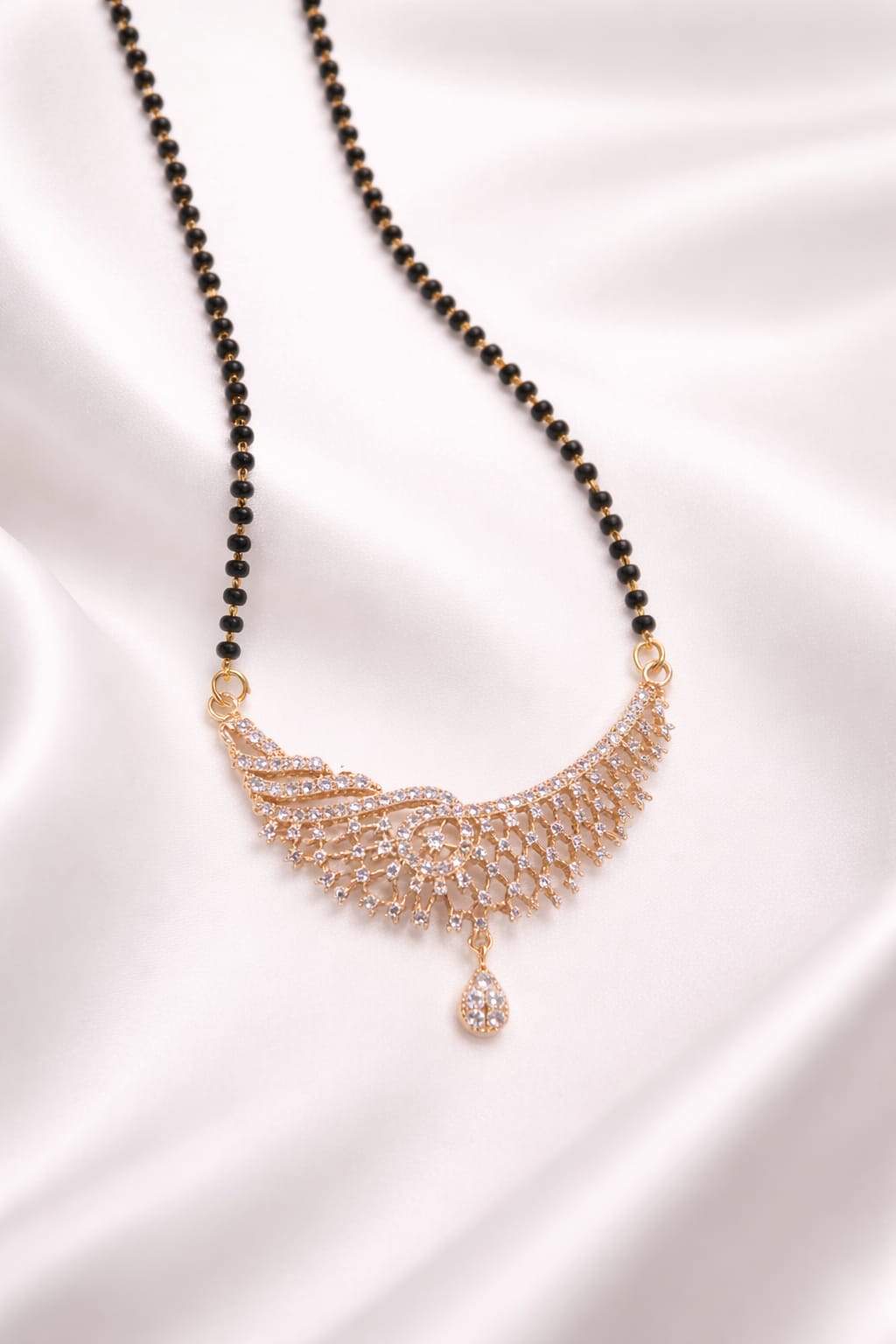 Gold Plated CZ Statement Mangalsutra with Black Beads & Teardrop Pendant
