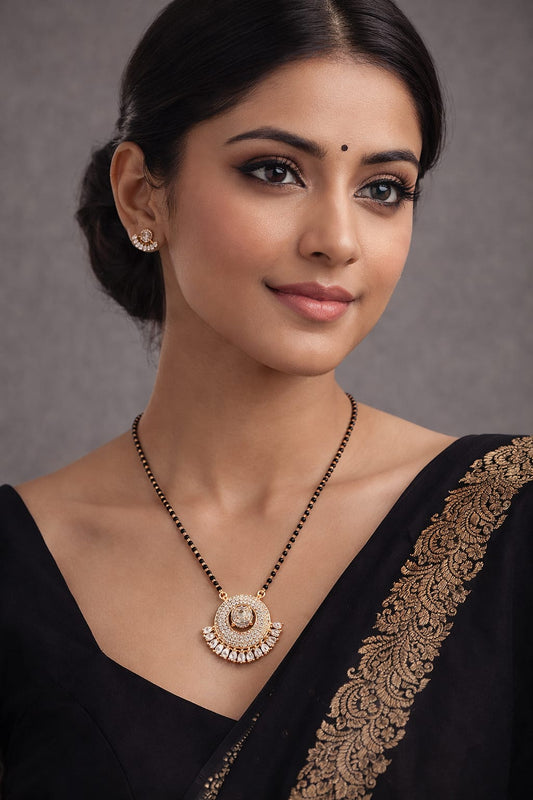 Gold Plated CZ Circular Statement Mangalsutra & Stud Earrings Set