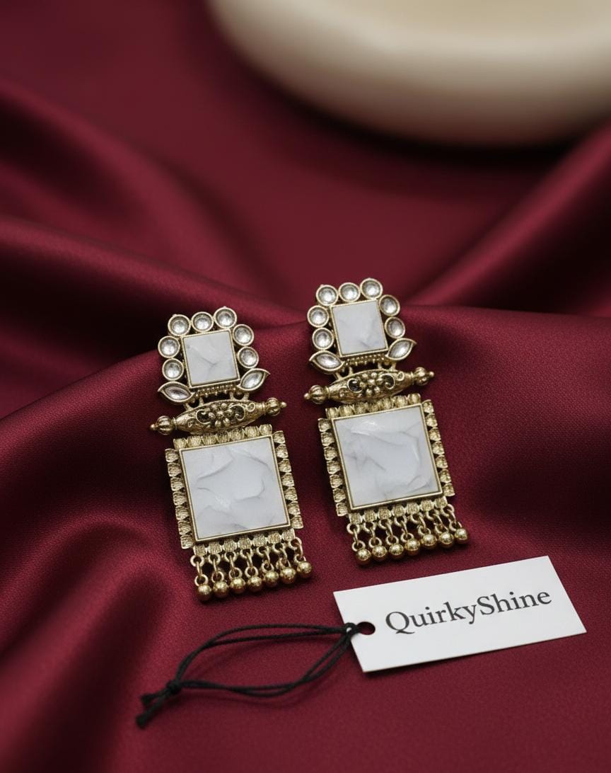 Antique Gold Square Statement Earrings for Women – Stone Studded Ethnic Drop Earrings