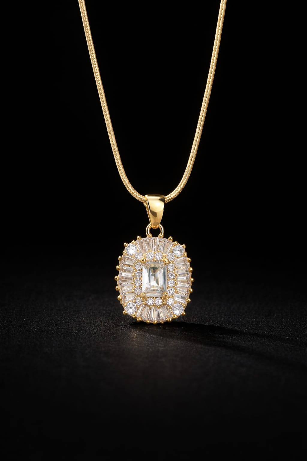 Luxury Gold Crystal Halo Anti-Tarnish Necklace for Women – Emerald Cut Statement Pendant Chain
