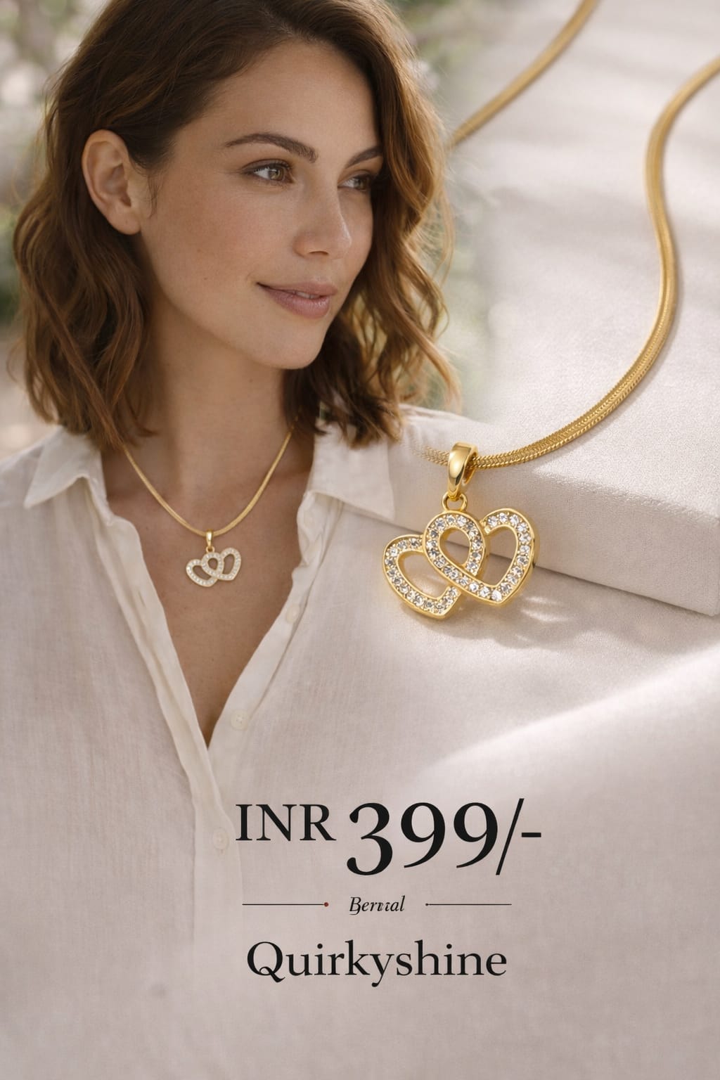 Woman wearing gold necklaces with a Quirkyshine pendant, set against a neutral background.