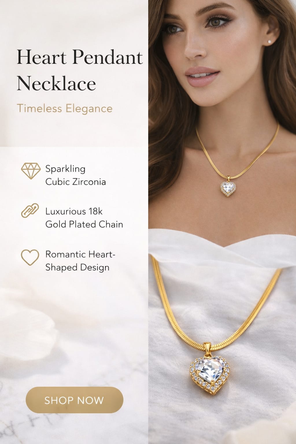Gold Heart Crystal Anti-Tarnish Necklace for Women – Elegant Halo Love Pendant Chain