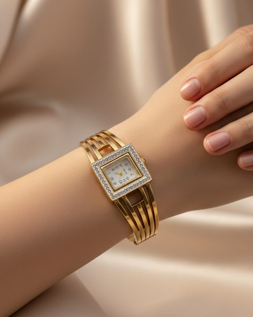 Premium Gold Square Dial Adjustable Anti-Tarnish Bracelet Watch for Women – Crystal Studded Bangle Watch