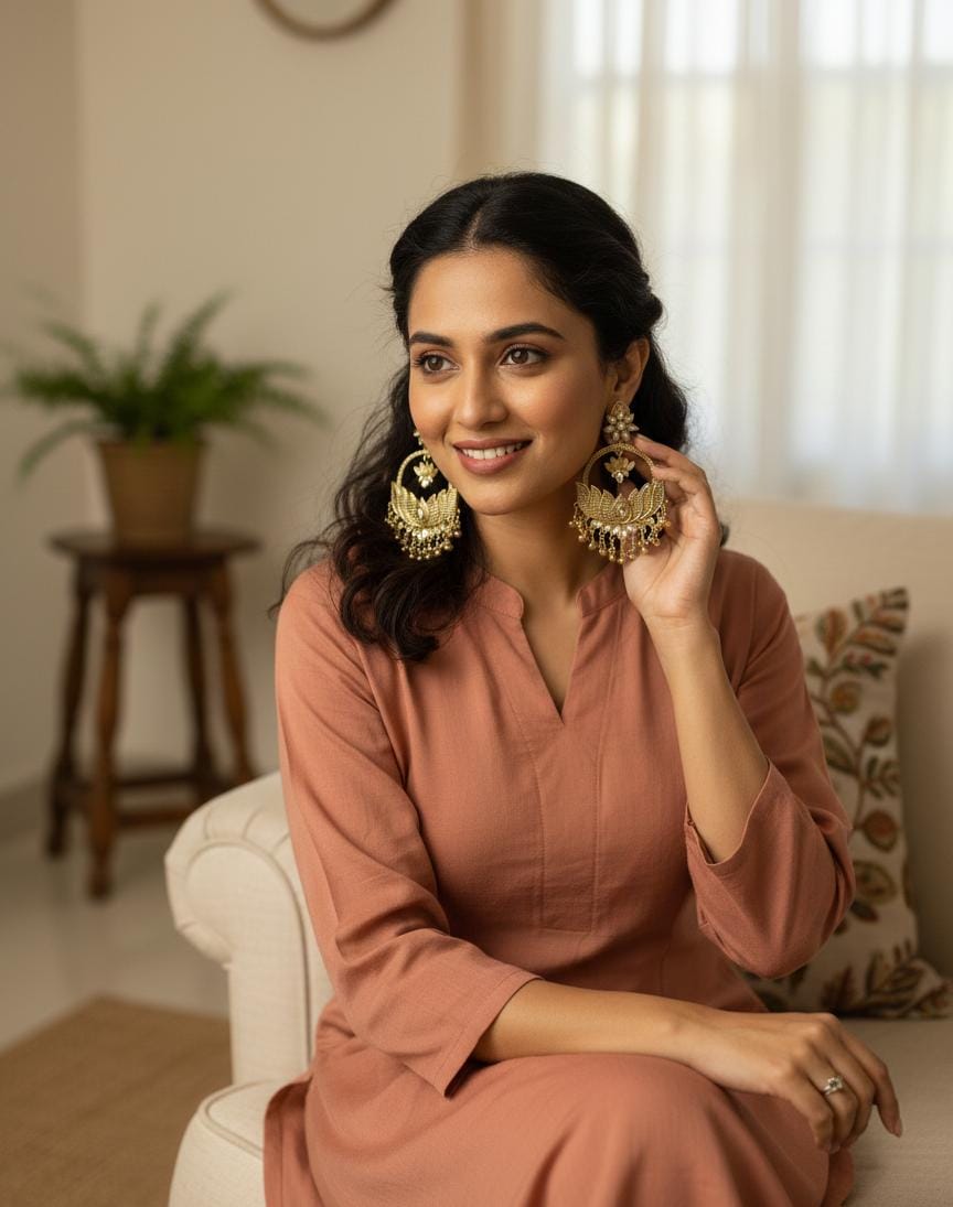 Traditional Gold Lotus Chandbali Earrings for Women – Antique Finish Statement Ethnic Jhumka