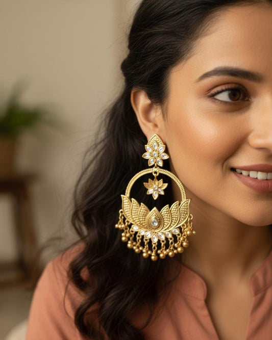 Traditional Gold Lotus Chandbali Earrings for Women – Antique Finish Statement Ethnic Jhumka
