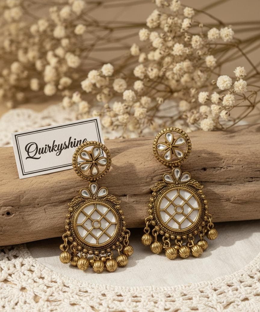 Antique Gold Traditional Drop Earrings for Women – Stone Studded Ethnic Statement Earrings