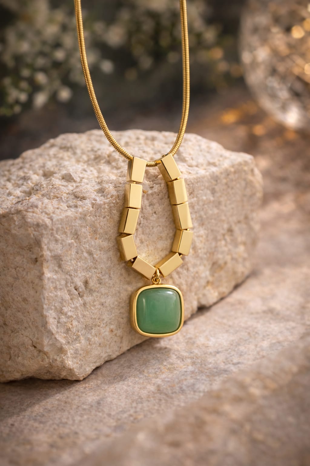Modern Gold Green Stone Anti-Tarnish Necklace for Women – Geometric Beaded Pendant Chain