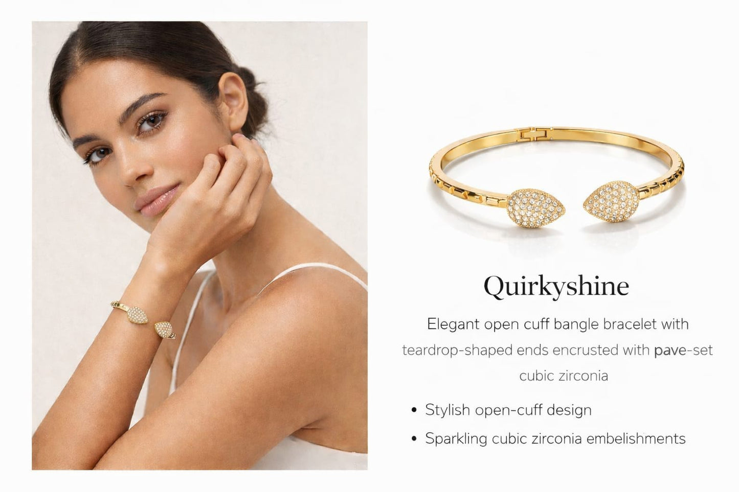 Gold Leaf Design American Diamond Open Cuff Bracelet for Women – Anti-Tarnish Crystal Kada