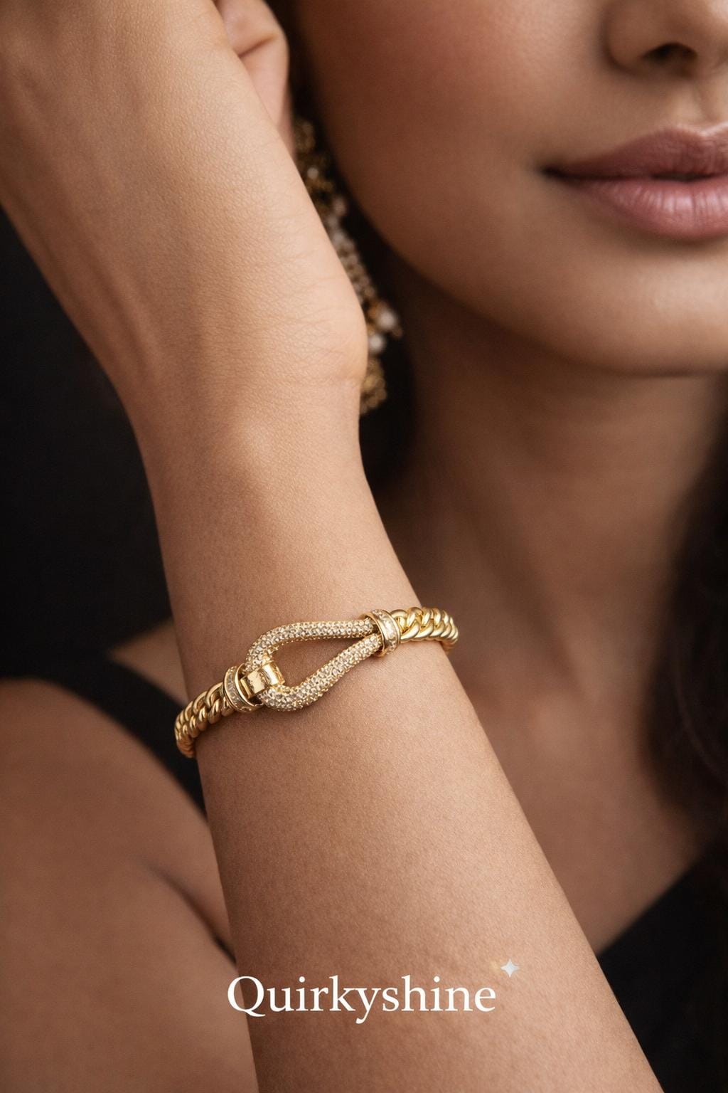 Luxury Gold Knot Design American Diamond Open Cuff Bracelet for Women – Anti-Tarnish Crystal Kada