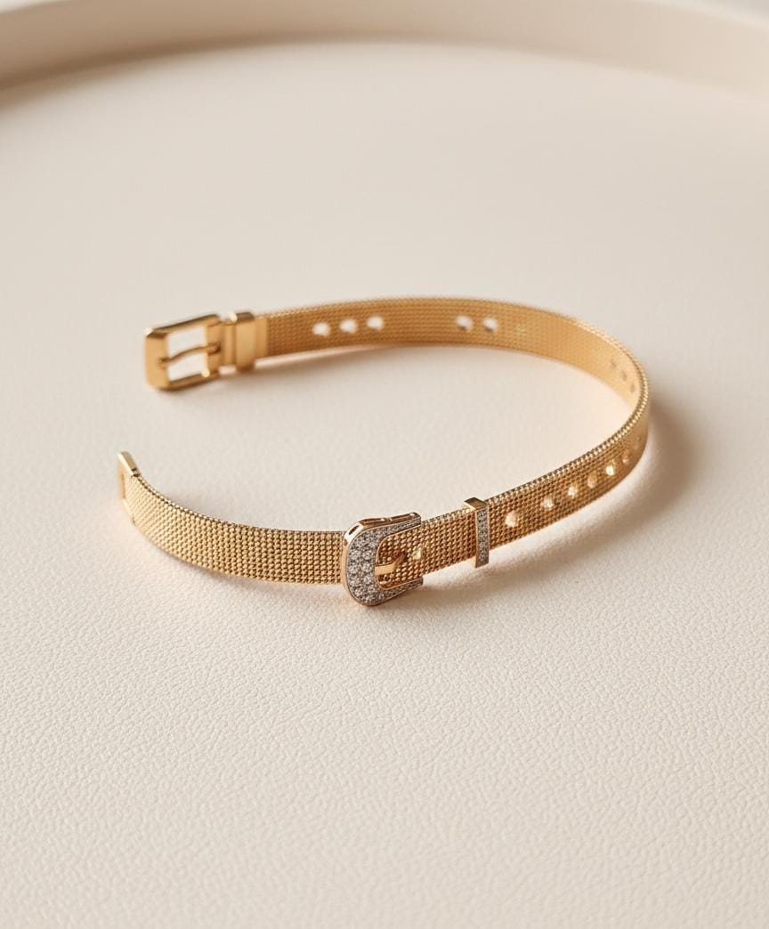 Luxury Gold Buckle Watch Style Bracelet – Anti Tarnish Adjustable Stainless Steel Bracelet for Women