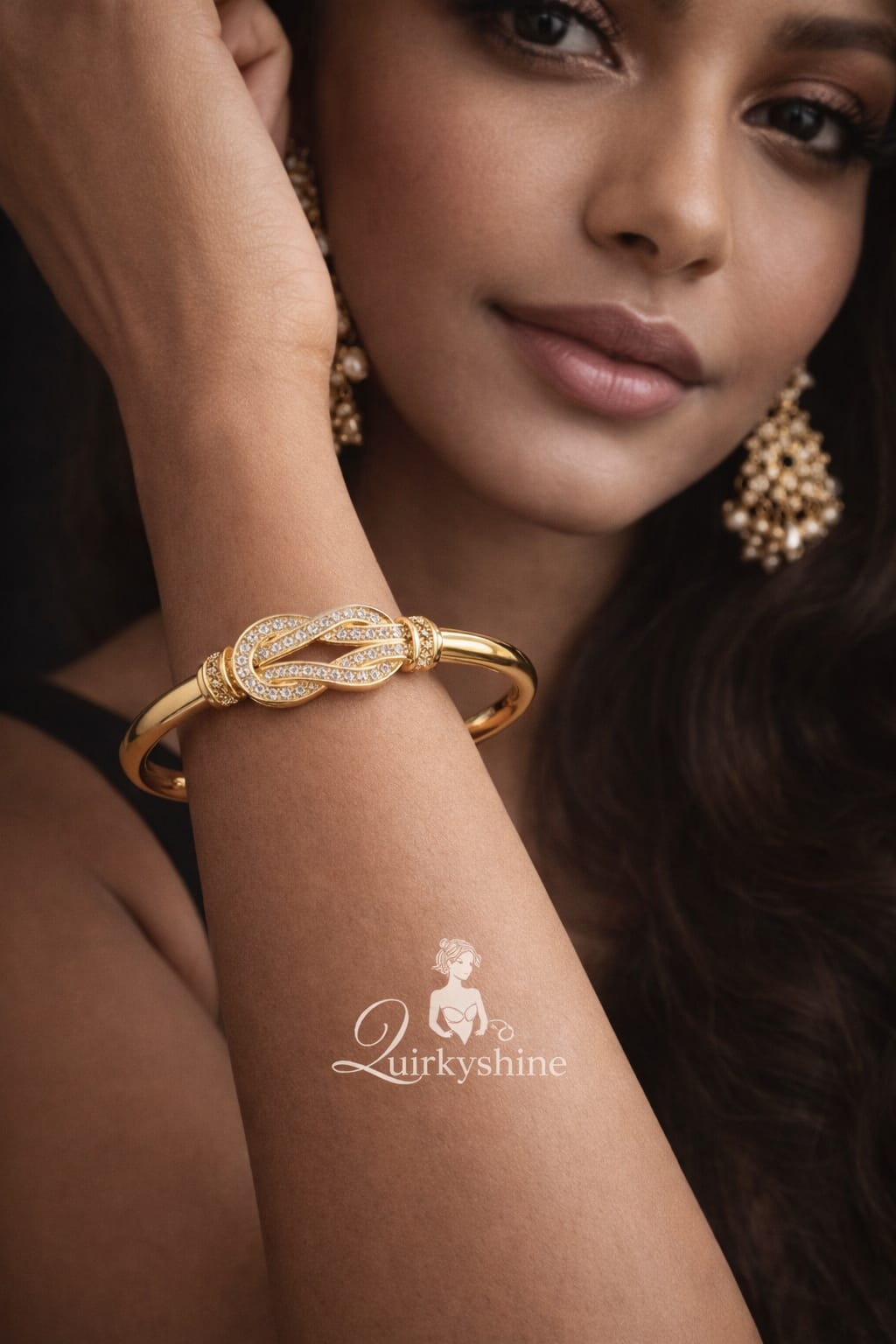 Luxury Gold Infinity Knot American Diamond Open Cuff Bracelet for Women – Anti-Tarnish Crystal Kada