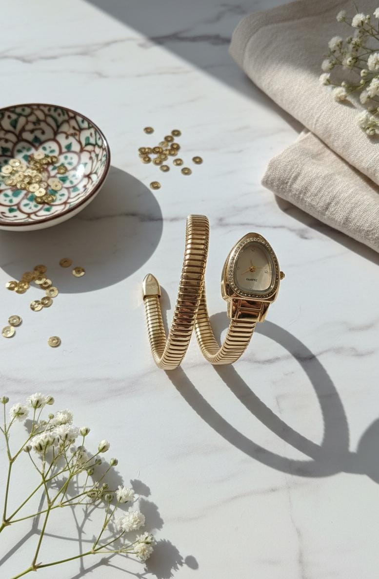 Gold Snake Wrap Adjustable Watch for Women – White Dial Anti-Tarnish Bracelet Watch