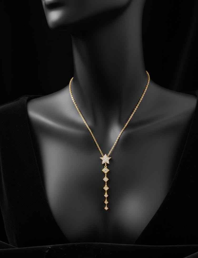 Anti Tarnish Gold Star Drop Necklace with American Diamond | Dainty Vertical Pendant Chain for Women
