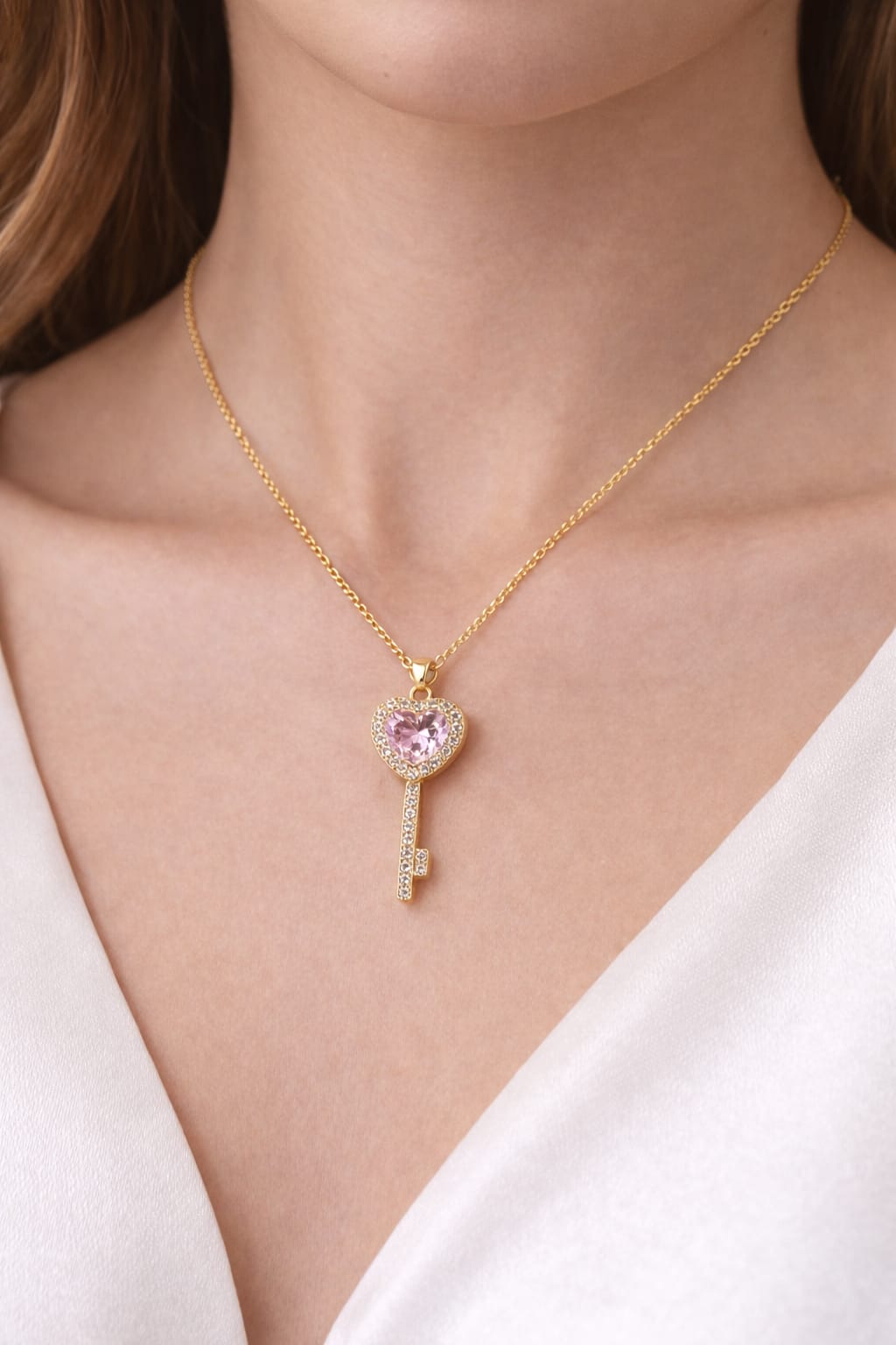 Anti Tarnish Gold Heart Key Pendant Necklace with Pink Stone & American Diamonds | Cute Dainty Chain for Women