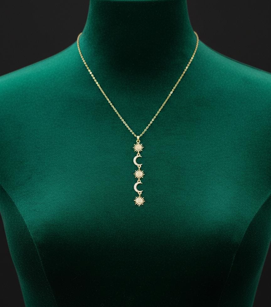 Anti Tarnish Gold Celestial Sun & Moon Drop Necklace with American Diamonds | Dainty Vertical Pendant for Women