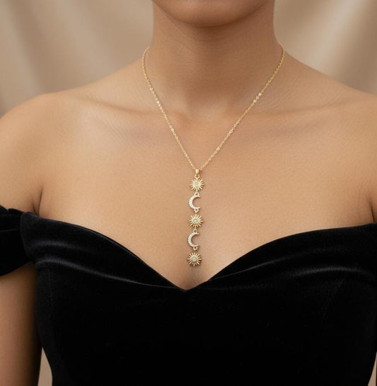 Anti Tarnish Gold Celestial Sun & Moon Drop Necklace with American Diamonds | Dainty Vertical Pendant for Women