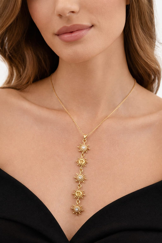 Anti Tarnish Gold Multi Sun Drop Necklace with American Diamonds | Celestial Vertical Pendant Chain for Women