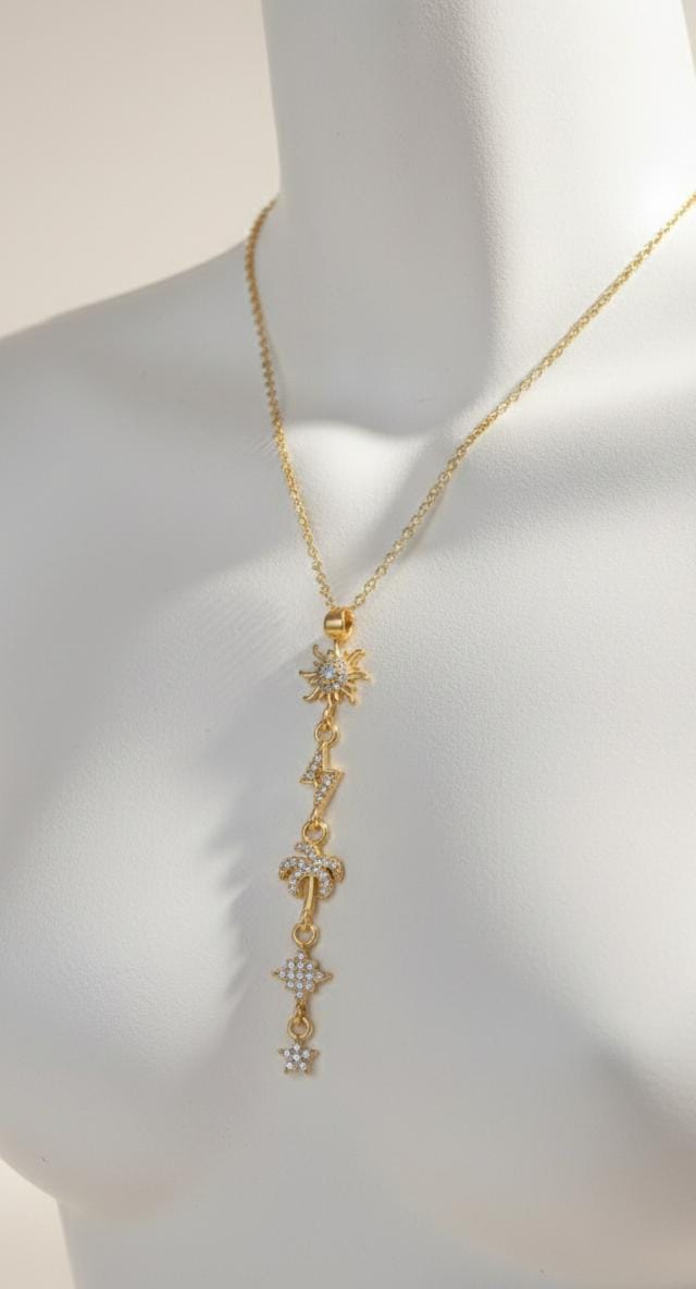 Anti Tarnish Gold Charm Drop Necklace with Sun, Lightning, Palm & Star | American Diamond Vertical Pendant for Women
