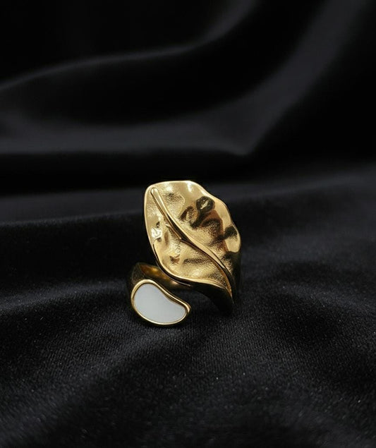 Adjustable Anti Tarnish Gold Leaf Statement Ring for Women
