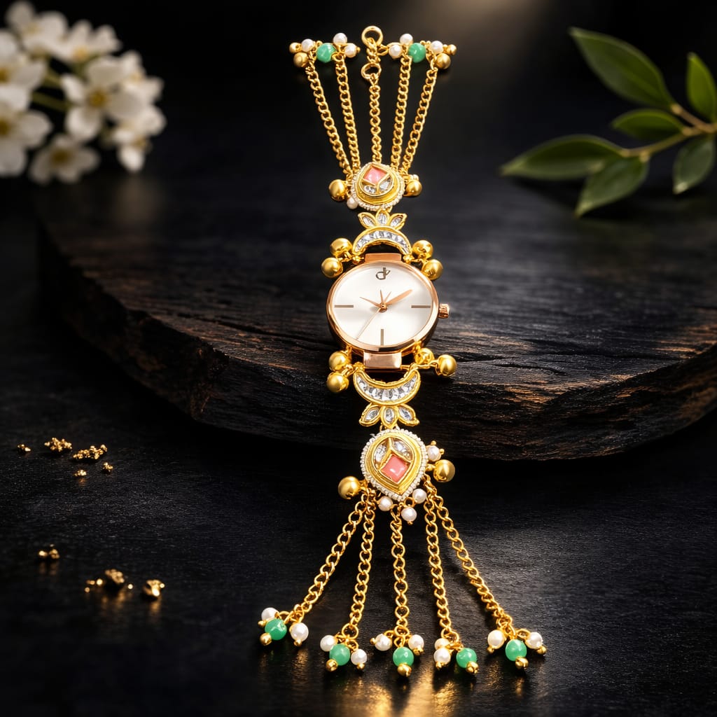 Kundan Meenakari Anti Tarnish Watch Bracelet with Rose Gold Dial, Pearl & Emerald Tassel