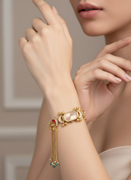 Kundan Meenakari Anti Tarnish Watch Bracelet with Rose Gold Rectangular Dial, Red Crescent Meenakari & Turquoise Pearl Tassel