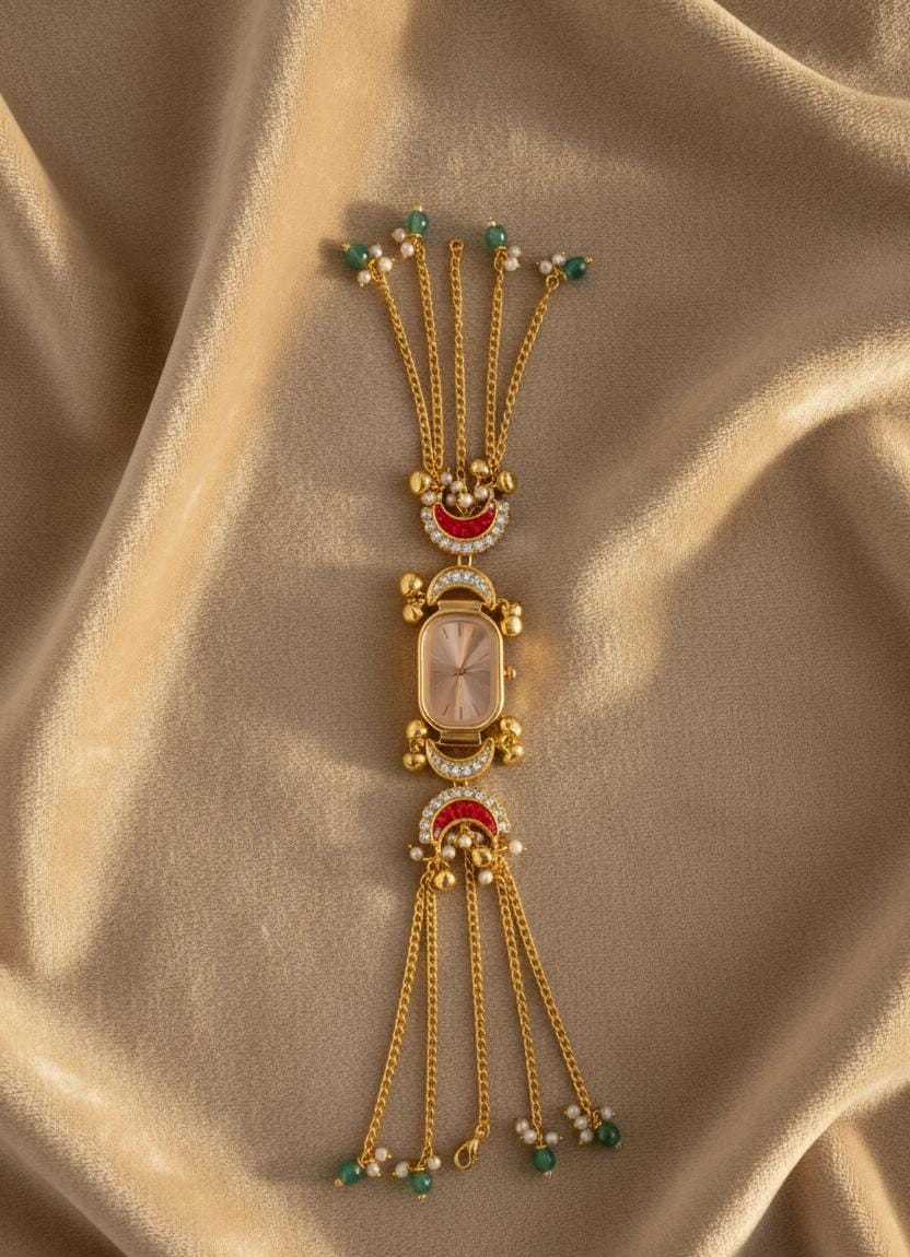 Kundan Meenakari Anti Tarnish Watch Bracelet with Rose Gold Rectangular Dial, Red Crescent Meenakari & Turquoise Pearl Tassel