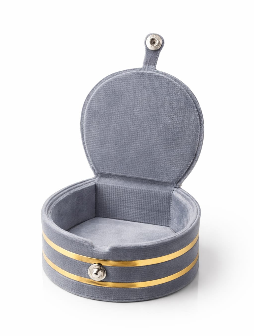 Gray jewelry box with gold accents on a white background