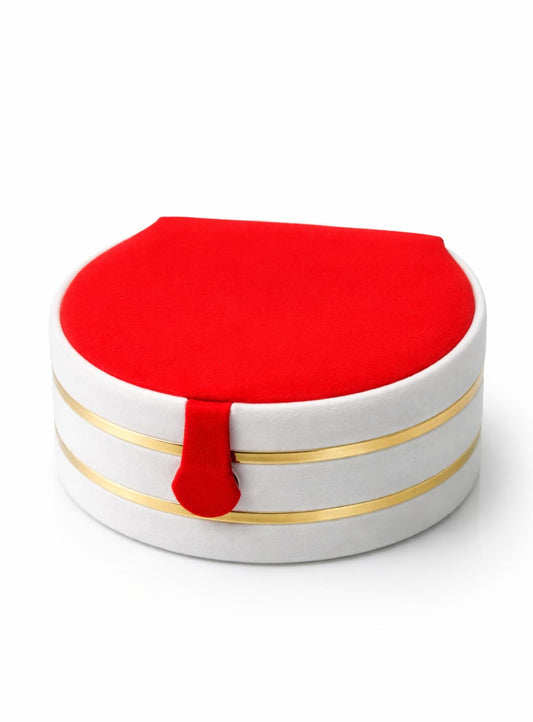 Luxury Round Velvet Jewellery Organizer Box – White & Red Travel Storage Case with Gold Detailing
