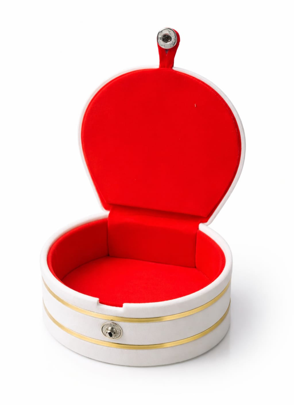 Luxury Round Velvet Jewellery Organizer Box – White & Red Travel Storage Case with Gold Detailing