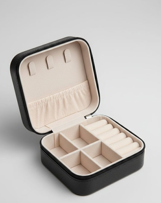 Premium Black Zip Travel Jewellery Organizer Box – Multi-Compartment Storage Case for Rings, Earrings & Necklaces
