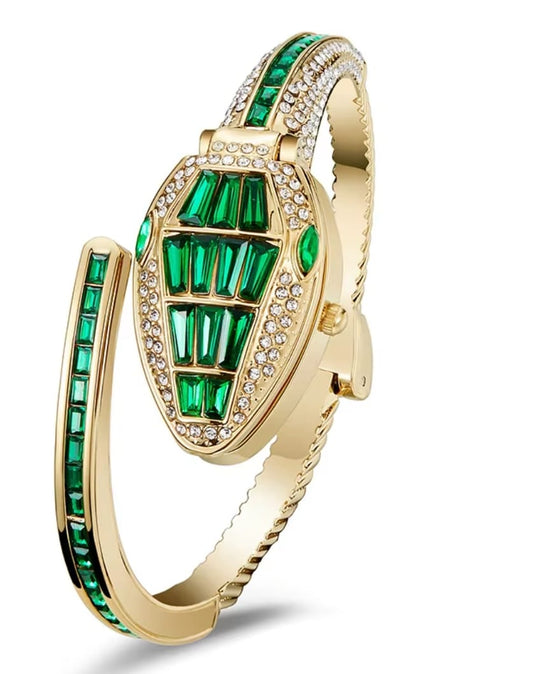 Emerald Green Snake Design Anti-Tarnish Bracelet Watch for Women – Crystal Openable Cuff Watch