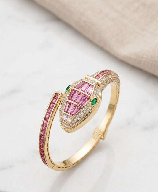 Pink Snake Design Anti-Tarnish Bracelet Watch for Women – Crystal Openable Cuff Watch
