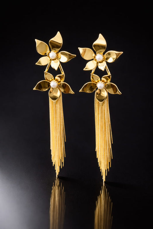 Floral Pearl Tassel Earrings – Anti Tarnish Gold Statement Earrings for Women