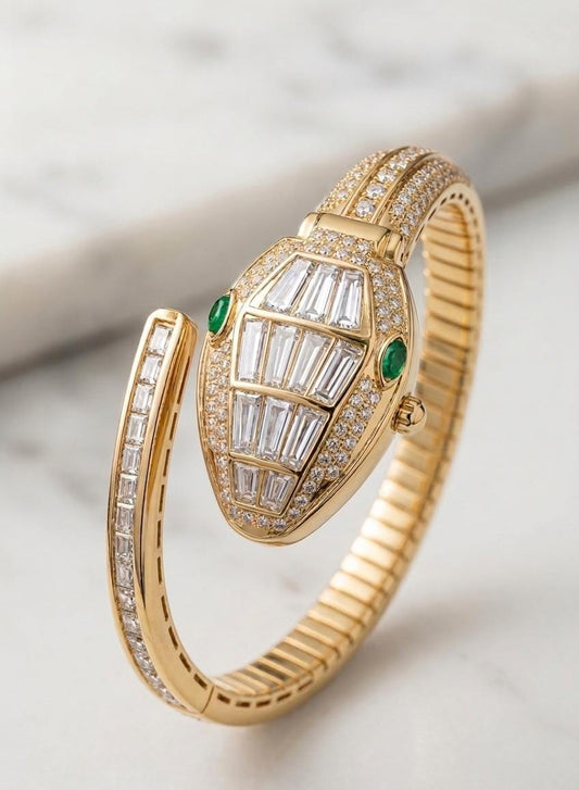 Gold & Crystal Snake Design Anti-Tarnish Bracelet Watch for Women – Openable Cuff Watch with Green Stone Accents