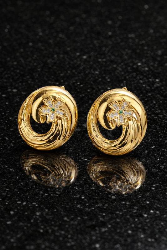 Crystal Flower Swirl Stud Earrings – Anti Tarnish Gold Designer Earrings for Women