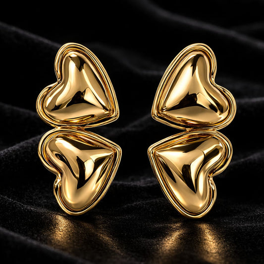 Double Heart Gold Drop Earrings – Minimalist Romantic Statement Earrings