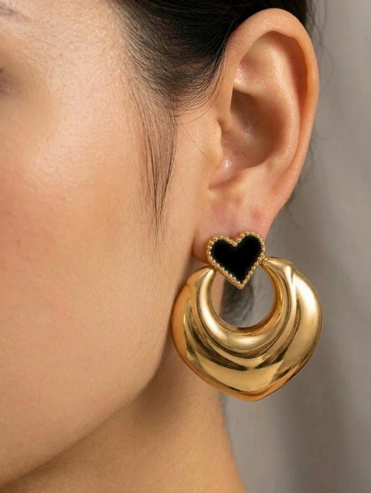 Black Heart Gold Chunky Hoop Earrings – Statement Heart Drop Earrings
