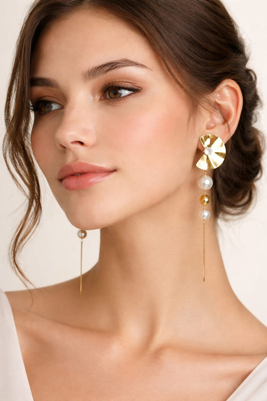 Anti-Tarnish Gold Pearl Chain Drop Earrings – Luxury Crystal Statement Earrings