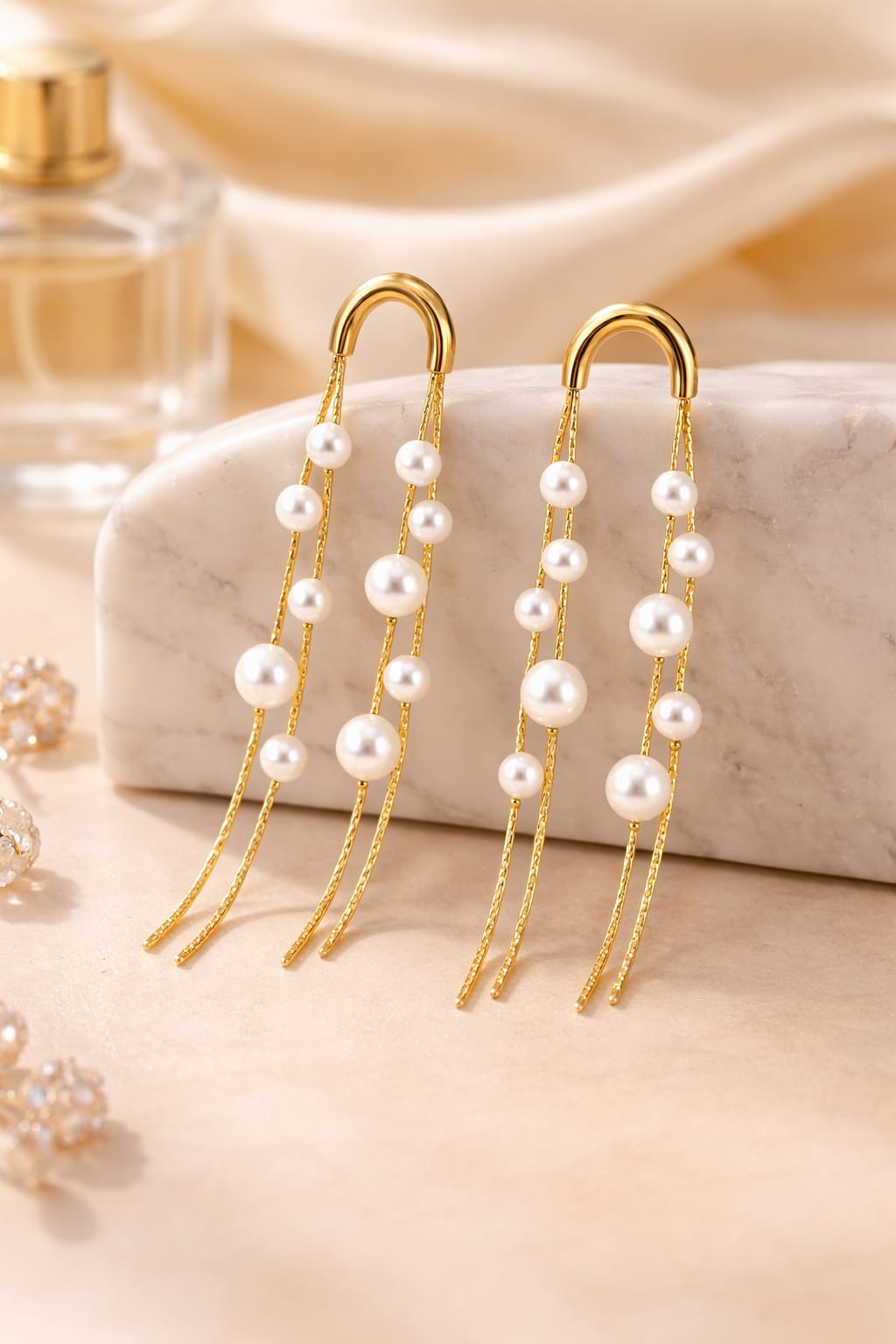 Anti-Tarnish Gold Pearl Chain Drop Earrings – Long Statement Pearl Earrings
