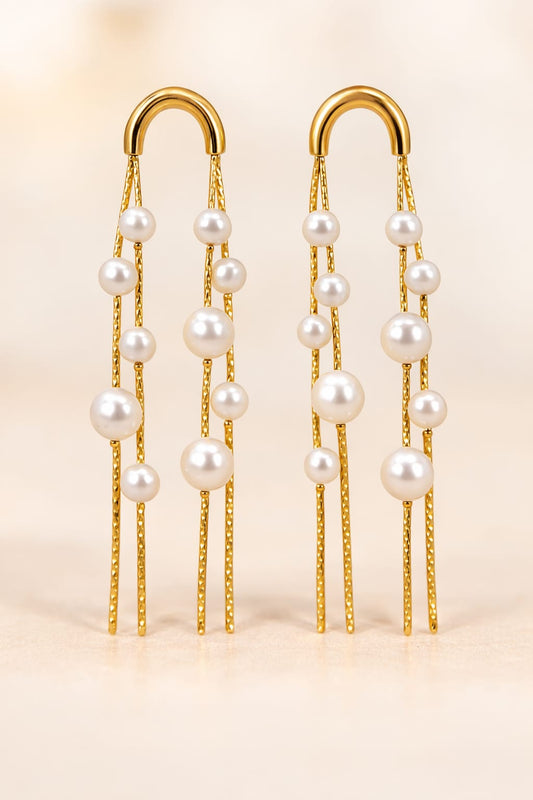 Anti-Tarnish Gold Pearl Chain Drop Earrings – Long Statement Pearl Earrings