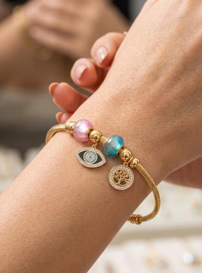 Anti-Tarnish Evil Eye & Tree of Life Charm Bracelet for Women – Adjustable Gold Beaded Kada