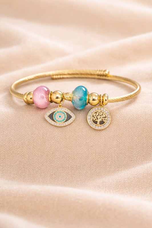 Anti-Tarnish Evil Eye & Tree of Life Charm Bracelet for Women – Adjustable Gold Beaded Kada