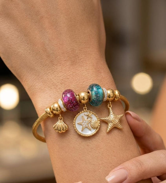 Anti-Tarnish Ocean Charm Bracelet for Women – Adjustable Gold Starfish Shell Charm Kada