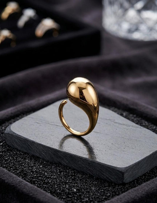 Anti-Tarnish Gold Teardrop Adjustable Ring – Minimal Statement Ring for Women
